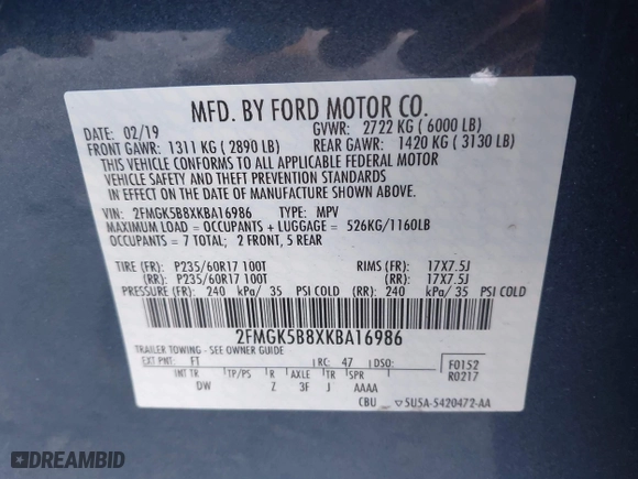 2019 Ford Flex SE with VIN 2FMGK5B8XKBA16986, listed as a IAAI auction lot 41784518 with 39,976 mi miles. Bid and sale history available at carsss.com. Image 9.