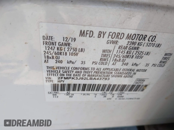 2020 Ford Edge SEL with VIN 2FMPK3J92LBA43793, listed as a IAAI auction lot 42283823 with 85,559 mi miles and . Bid and sale history available at DreamBid. Image 9.