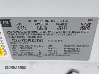 2016 GMC Acadia Denali with VIN 1GKKVTKD7GJ209398, listed as a IAAI auction lot 41900224 with 82,197 mi miles. Bid and sale history available at carsss.com. Image 9.