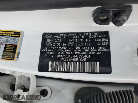 2022 Hyundai Venue SEL with VIN KMHRC8A37NU195404, listed as a Copart auction lot 50843045 with 37,736 mi miles and Salvage Title. Bid and sale history available at DreamBid. Image 15.