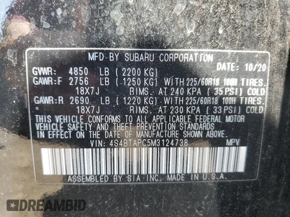 2021 Subaru Outback Touring with VIN 4S4BTAPC5M3124738, listed as a Copart auction lot 62161295 with 42,363 mi miles and Salvage title. Bid and sale history available at DreamBid. Image 13.