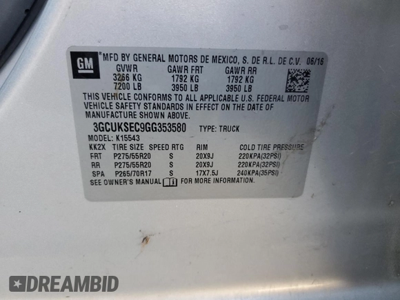 2016 Chevrolet Silverado 1500 LTZ with VIN 3GCUKSEC9GG353580, listed as a Copart auction lot 47081625 with 184,376 mi miles and Salvage Title. Bid and sale history available at DreamBid. Image 12.