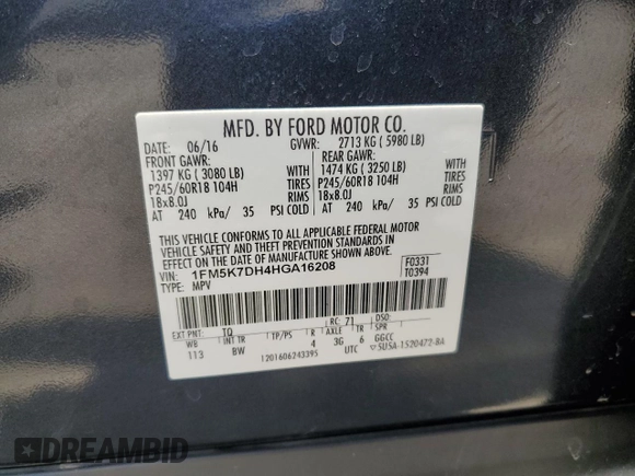 2017 Ford Explorer XLT с VIN 1FM5K7DH4HGA16208, выставлен на аукционе Copart как лот 65461235 с пробегом 125 922 миль миль и Чистый • Clean title. История ставок и продаж доступна на DreamBid. Изображение 13.