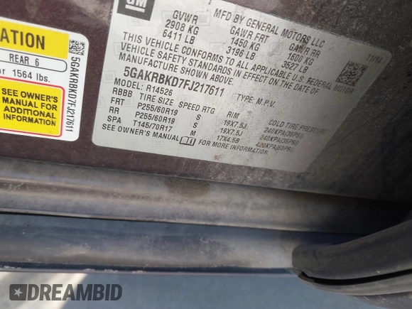 2015 Buick Enclave Leather with VIN 5GAKRBKD7FJ217611, listed as a IAAI auction lot 41812962 with 188,880 mi miles and . Bid and sale history available at DreamBid. Image 9.