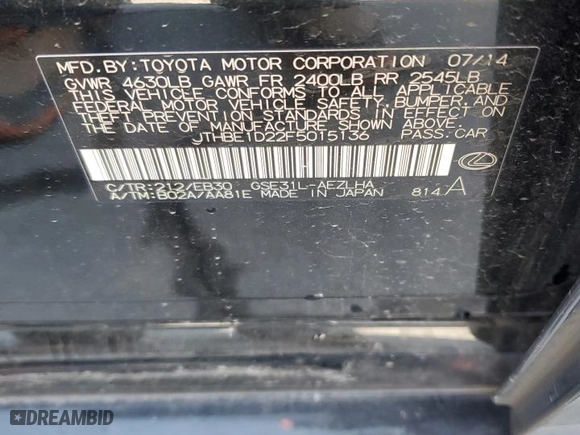 2015 Lexus IS 350 with VIN JTHBE1D22F5015136, listed as a Copart auction lot 47881485 with 119,312 mi miles and Salvage Title. Bid and sale history available at carsss.com. Image 12.
