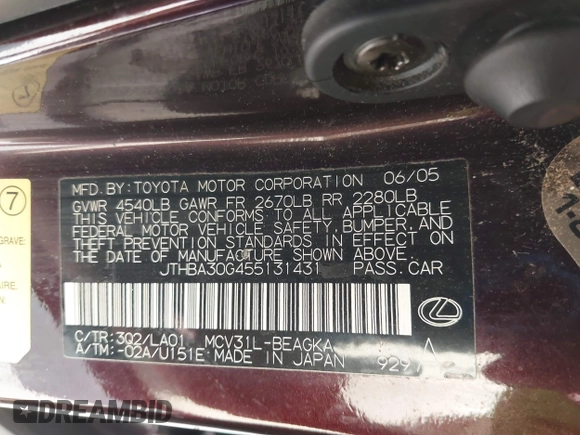 2005 Lexus ES 350 z VIN JTHBA30G455131431, wystawiony jako IAAI lot #41900309 z przebiegiem Nie podano mil oraz . Historia ofert i sprzedaży dostępna na DreamBid. Obrazek 9.
