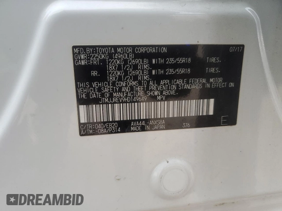 2017 Toyota RAV4 SE with VIN JTMJJREV9HD149649, listed as a Copart auction lot 44457565 with 98,515 mi miles and Salvage title. Bid and sale history available at DreamBid. Image 14.