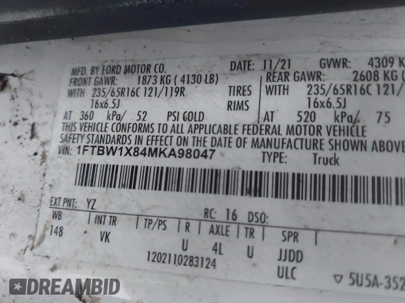 2021 Ford Transit Cargo with VIN 1FTBW1X84MKA98047, listed as a IAAI auction lot 42313747 with 65,600 mi miles and . Bid and sale history available at DreamBid. Image 9.