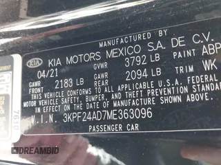 2021 Kia Forte LXS with VIN 3KPF24AD7ME363096, listed as a IAAI auction lot 42019176 with Not Provided miles and . Bid and sale history available at carsss.com. Image 9.