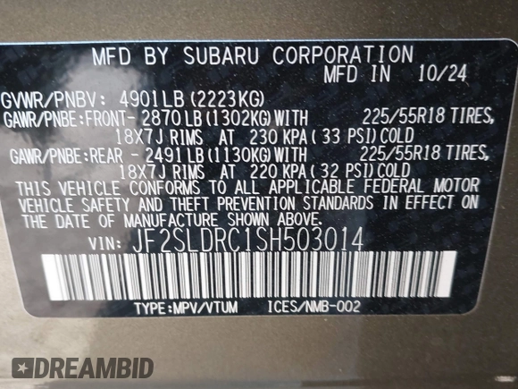 2025 Subaru Forester Limited z VIN JF2SLDRC1SH503014, wystawiony jako IAAI lot #41998336 z przebiegiem 1 448 mil mil oraz . Historia ofert i sprzedaży dostępna na DreamBid. Obrazek 9.