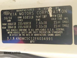 2015 Kia Sedona EX with VIN KNDMC5C12F6034991, listed as a IAAI auction lot 41971340 with 148,231 mi miles. Bid and sale history available at carsss.com. Image 9.