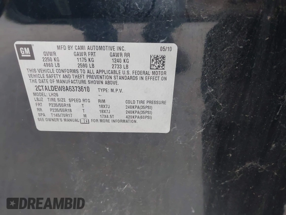 2010 GMC Terrain SLE-2 with VIN 2CTALDEW8A6373610, listed as a IAAI auction lot 41597066 with 190,527 mi miles. Bid and sale history available at carsss.com. Image 9.
