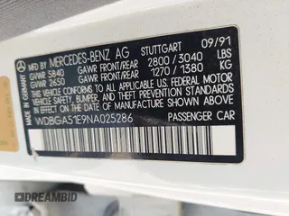 1992 Mercedes-Benz 500 с VIN WDBGA51E9NA025286, выставлен на аукционе IAAI как лот 42192298 с пробегом Не указан миль и . История ставок и продаж доступна на DreamBid. Изображение 9.
