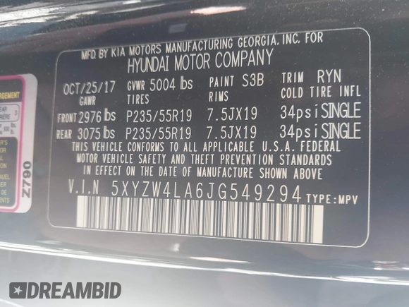 2018 Hyundai Santa Fe Ultimate with VIN 5XYZW4LA6JG549294, listed as a IAAI auction lot 41890014 with 66,845 mi miles and . Bid and sale history available at DreamBid. Image 9.