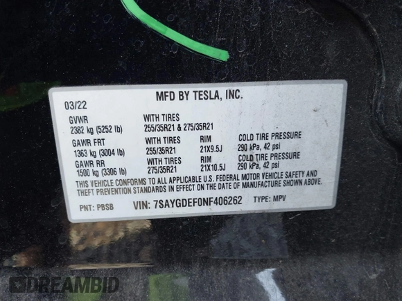 2022 Tesla Model Y Performance with VIN 7SAYGDEF0NF406262, listed as a IAAI auction lot 41132514 with 27,171 mi miles. Bid and sale history available at carsss.com. Image 9.
