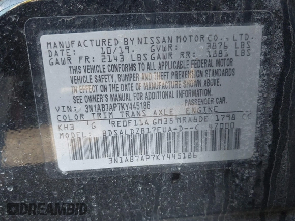 2019 Nissan Sentra SV with VIN 3N1AB7AP7KY445186, listed as a IAAI auction lot 41846095 with 54,267 mi miles and . Bid and sale history available at DreamBid. Image 9.