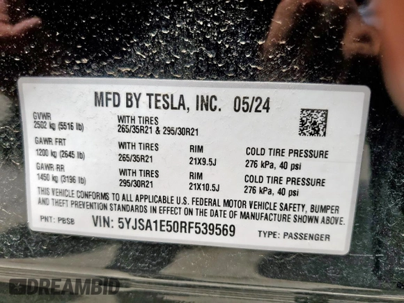 2024 Tesla Model S with VIN 5YJSA1E50RF539569, listed as a Copart auction lot 55690955 with Not provided miles and Salvage title. Bid and sale history available at DreamBid. Image 13.