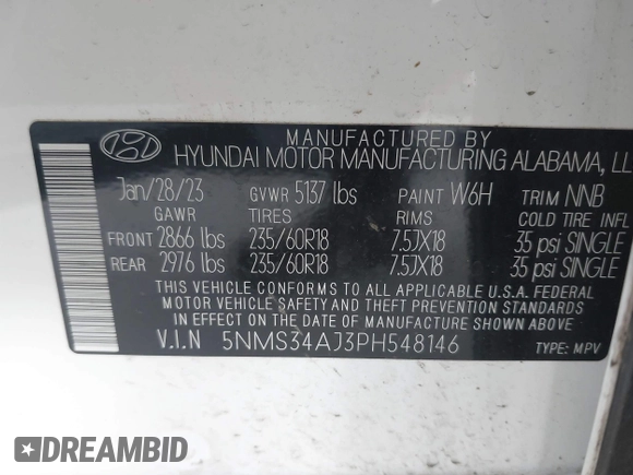 2023 Hyundai Santa Fe SEL with VIN 5NMS34AJ3PH548146, listed as a IAAI auction lot 42161287 with 46,708 mi miles and . Bid and sale history available at DreamBid. Image 9.