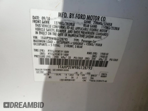 2011 Ford Taurus SEL with VIN 1FAHP2EW9BG128793, listed as a Copart auction lot 48940475 with 121,681 mi miles and Salvage Title. Bid and sale history available at DreamBid. Image 15.