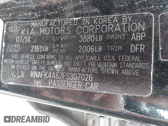 2015 Kia Forte LX with VIN KNAFK4A67F5307026, listed as a IAAI auction lot 41845331 with 163,865 mi miles. Bid and sale history available at carsss.com. Image 9.