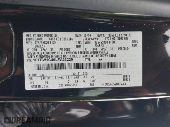 2020 Ford F-150 XL с VIN 1FTEW1C49LFA33220, выставлен на аукционе IAAI как лот 42330895 с пробегом 92 614 миль миль и . История ставок и продаж доступна на DreamBid. Изображение 9.
