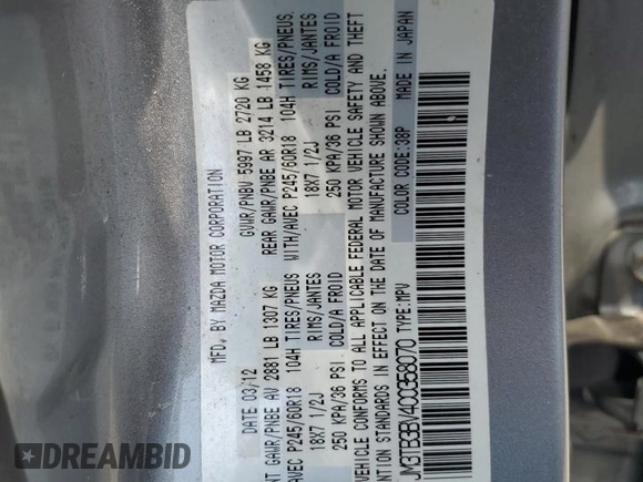 2012 Mazda CX-9 Sport with VIN JM3TB3BV4C0358070, listed as a Copart auction lot 56179335 with 206,590 mi miles and Salvage title. Bid and sale history available at DreamBid. Image 13.