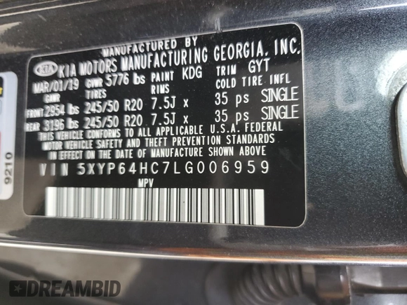 2020 Kia Telluride S with VIN 5XYP64HC7LG006959, listed as a Copart auction lot 55850595 with 74,974 mi miles and Salvage title. Bid and sale history available at DreamBid. Image 13.
