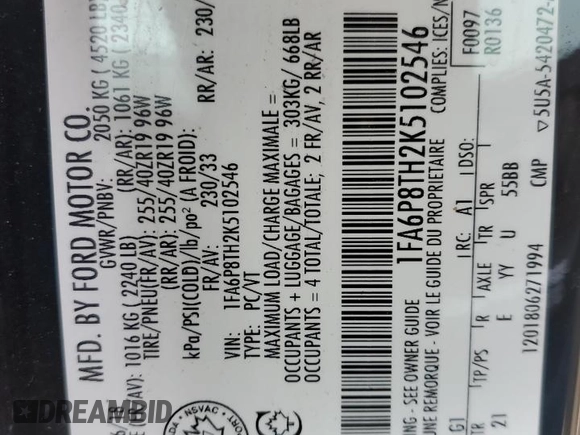 2019 Ford Mustang EcoBoost с VIN 1FA6P8TH2K5102546, выставлен на аукционе Copart как лот 52321735 с пробегом 90 127 миль миль и Списание • Salvage title. История ставок и продаж доступна на DreamBid. Изображение 13.