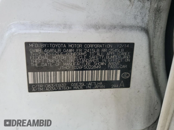 2015 Lexus IS 250 with VIN JTHCF1D26F5022849, listed as a Copart auction lot 57132835 with 130,162 mi miles and Salvage title. Bid and sale history available at DreamBid. Image 12.
