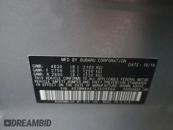 2020 Subaru Legacy with VIN 4S3BWAA67L3008566, listed as a Copart auction lot 56457985 with 48,269 mi miles and Salvage title. Bid and sale history available at DreamBid. Image 12.