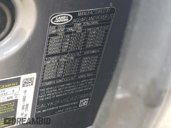 2020 Land Rover Range Rover Velar R-Dynamic S z VIN SALYK2FV5LA278489, wystawiony jako Copart lot #42789625 z przebiegiem 71 305 mil mil oraz Szkoda całkowita • Salvage title. Historia ofert i sprzedaży dostępna na DreamBid. Obrazek 12.