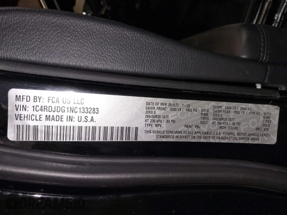 2022 Dodge Durango GT Plus with VIN 1C4RDJDG1NC133283, listed as a IAAI auction lot 41550585 with 34,698 mi miles and . Bid and sale history available at DreamBid. Image 9.