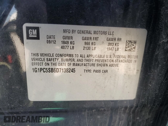 2013 Chevrolet Cruze 1LT with VIN 1G1PC5SB6D7138245, listed as a Copart auction lot 49484415 with 176,078 mi miles and Salvage Title. Bid and sale history available at DreamBid. Image 14.
