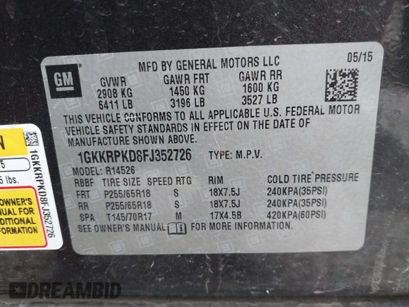 2015 GMC Acadia SLE with VIN 1GKKRPKD8FJ352726, listed as a IAAI auction lot 41958291 with 152,001 mi miles. Bid and sale history available at carsss.com. Image 9.