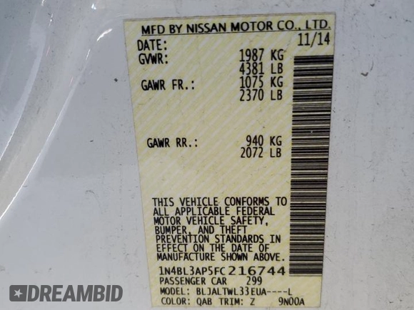 2015 Nissan Altima SL with VIN 1N4BL3AP5FC216744, listed as a Copart auction lot 64497945 with 173,678 mi miles and Clean title. Bid and sale history available at DreamBid. Image 12.