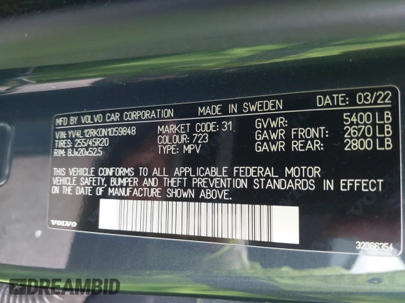2022 Volvo XC60 Momentum z VIN YV4L12RK0N1059848, wystawiony jako IAAI lot #41714245 z przebiegiem 31 404 mil mil oraz . Historia ofert i sprzedaży dostępna na DreamBid. Obrazek 9.