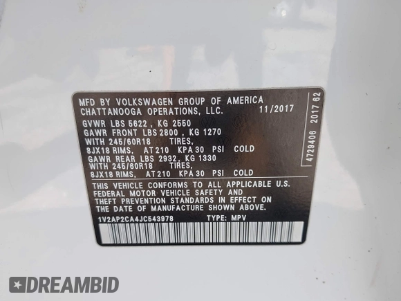 2018 Volkswagen Atlas S with VIN 1V2AP2CA4JC543978, listed as a IAAI auction lot 42567307 with 75,570 mi miles and . Bid and sale history available at DreamBid. Image 9.