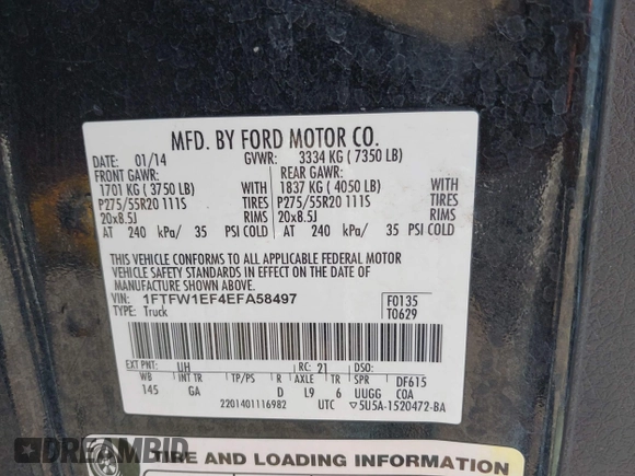 2014 Ford F-150 XL with VIN 1FTFW1EF4EFA58497, listed as a IAAI auction lot 42477694 with 271,837 mi miles and . Bid and sale history available at DreamBid. Image 9.