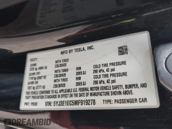 2021 Tesla Model 3 Performance with VIN 5YJ3E1EC5MF919278, listed as a IAAI auction lot 40194677 with 50,484 mi miles and . Bid and sale history available at carsss.com. Image 9.