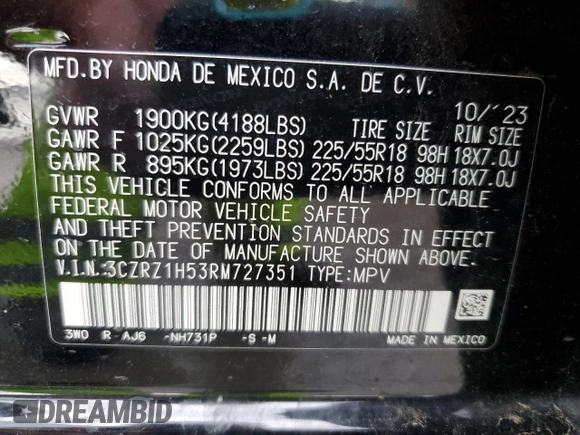 2024 Honda HR-V Sport z VIN 3CZRZ1H53RM727351, wystawiony jako Copart lot #54779855 z przebiegiem 18 855 mil mil oraz Szkoda całkowita • Salvage title. Historia ofert i sprzedaży dostępna na DreamBid. Obrazek 14.