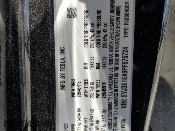 2023 Tesla Model 3 с VIN 5YJ3E1EA9PF676724, выставлен на аукционе Copart как лот 64097355 с пробегом 32 411 миль миль и Списание • Salvage title. История ставок и продаж доступна на DreamBid. Изображение 13.