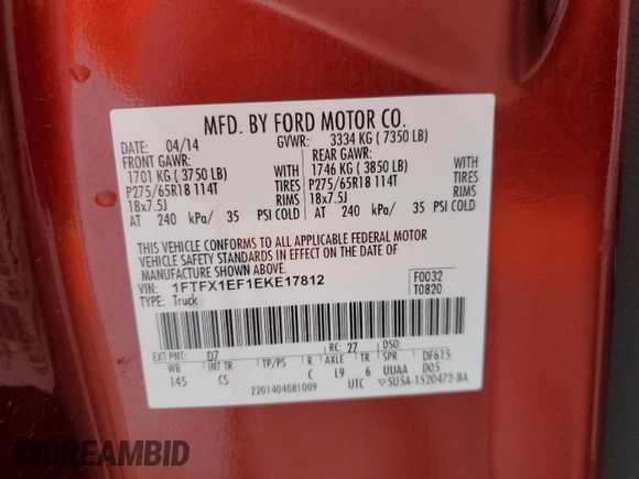 2014 Ford F-150 XL with VIN 1FTFX1EF1EKE17812, listed as a Copart auction lot 84446554 with 106,388 mi miles and Salvage Title. Bid and sale history available at DreamBid. Image 13.