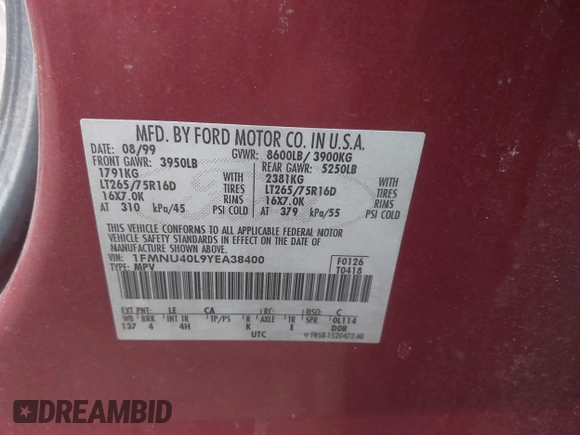 2000 Ford Excursion Special Serv с VIN 1FMNU40L9YEA38400, выставлен на аукционе IAAI как лот 41431576 с пробегом 145 826 миль миль и . История ставок и продаж доступна на DreamBid. Изображение 9.