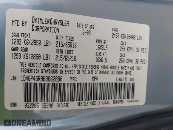 2006 Dodge Caravan SXT with VIN 1D4GP45R96B662880, listed as a IAAI auction lot 42206091 with 168,265 mi miles and . Bid and sale history available at carsss.com. Image 9.