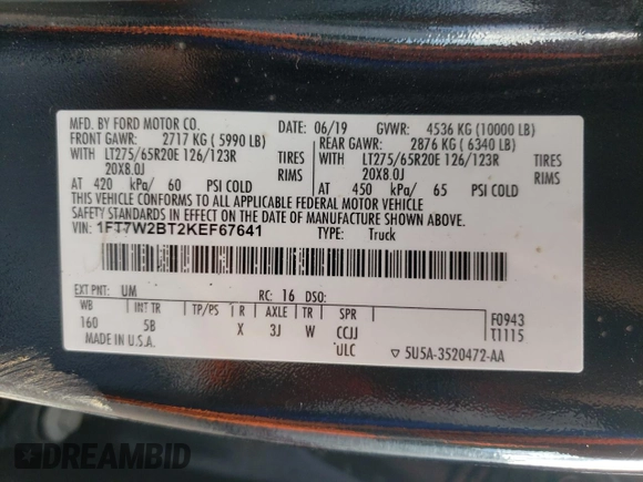 2019 Ford Super Duty F-250 SRW XL with VIN 1FT7W2BT2KEF67641, listed as a Copart auction lot 45138705 with 46,228 mi miles and Salvage Title. Bid and sale history available at carsss.com. Image 12.