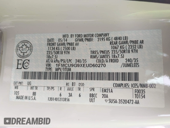 2014 Ford Escape SE с VIN 1FMCU9G9XEUD60270, выставлен на аукционе IAAI как лот 42431296 с пробегом 83 159 миль миль и . История ставок и продаж доступна на DreamBid. Изображение 9.