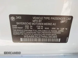 2017 BMW 3 Series 340i with VIN WBA8B3G37HNU36385, listed as a IAAI auction lot 40988676 with 41,492 mi miles and . Bid and sale history available at carsss.com. Image 9.