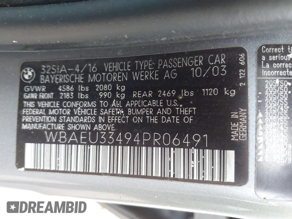 2004 BMW 3 Series 325xi with VIN WBAEU33494PR06491, listed as a IAAI auction lot 42000428 with Not provided miles and . Bid and sale history available at DreamBid. Image 9.