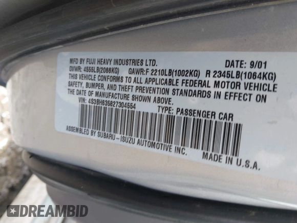 2002 Subaru Legacy L with VIN 4S3BH635827304554, listed as a IAAI auction lot 41692147 with 193,121 mi miles and . Bid and sale history available at DreamBid. Image 9.