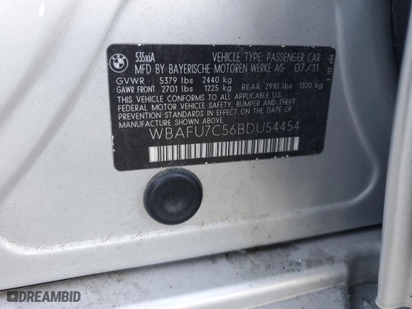 2011 BMW 5 Series 535i xDrive with VIN WBAFU7C56BDU54454, listed as a Copart auction lot 75208114 with 0 mi miles and Salvage Title. Bid and sale history available at carsss.com. Image 13.